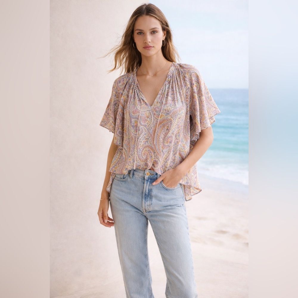 Vanessa Bruno Paisley Boho Blouse Women’s 40 Medium Draped V-Neck Flutter Sleeve
